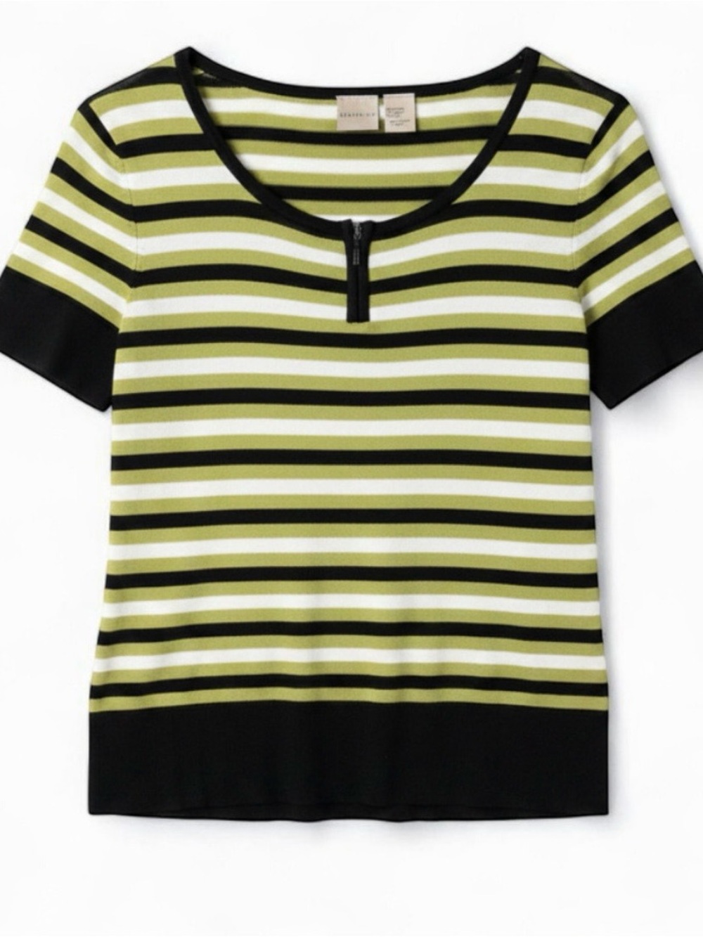 Massini Vintage Green Black White Striped Top Womens Medium